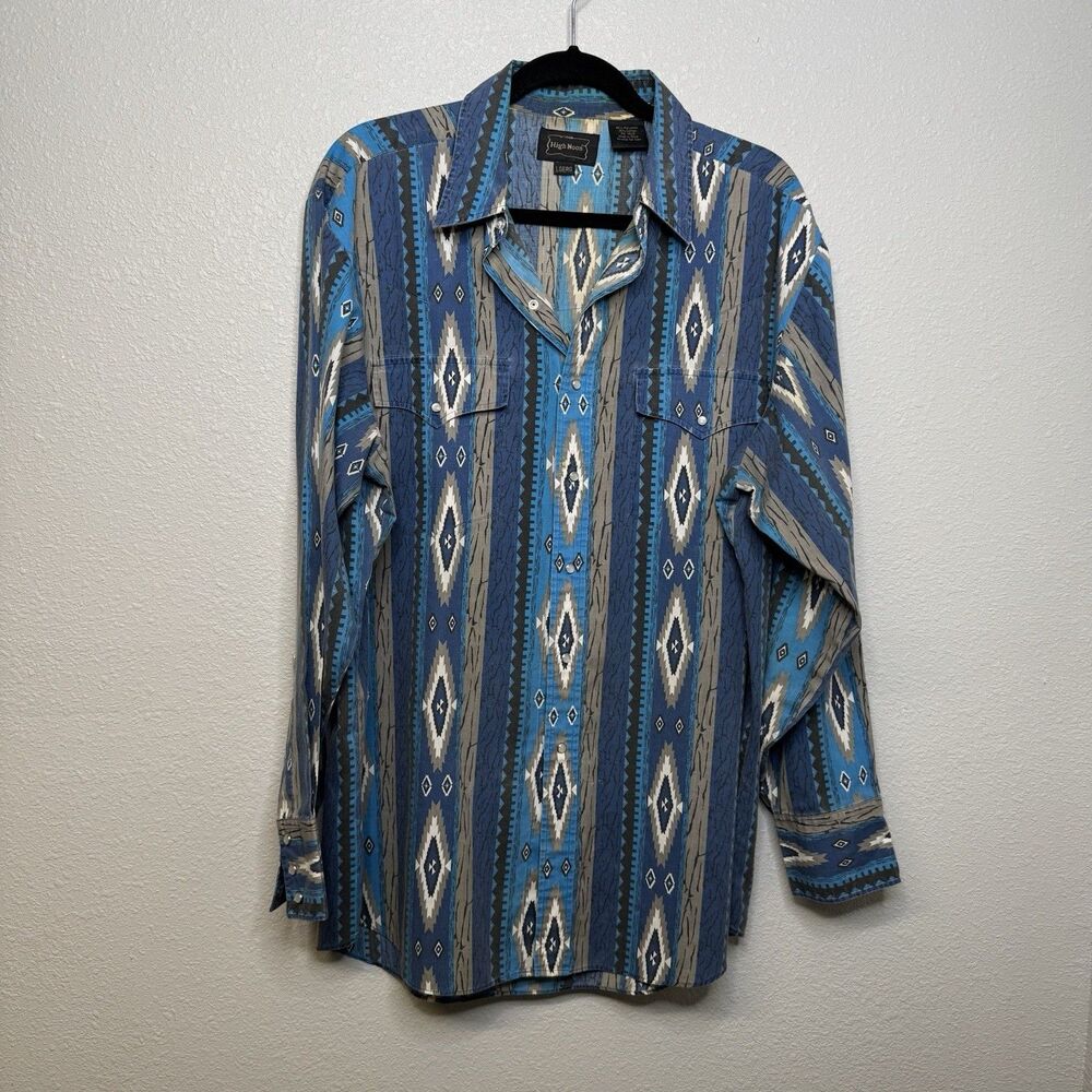 High Noon Shirt Mens L Blue Pearl Snap Aztec Navajo Western Cowboy Rodeo Serape